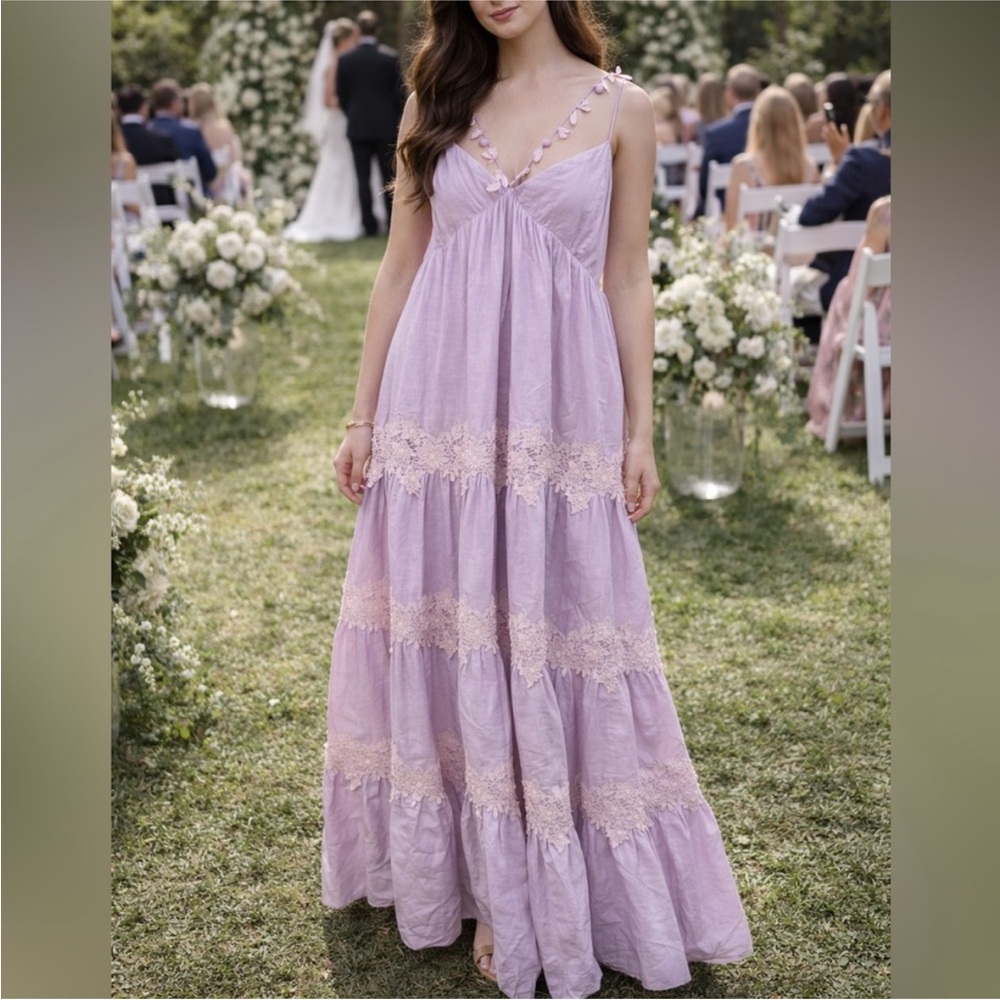Sachin & Babi Pippa Leaf Embellished Lace Tiered Maxi Dress lilac purple Size 14